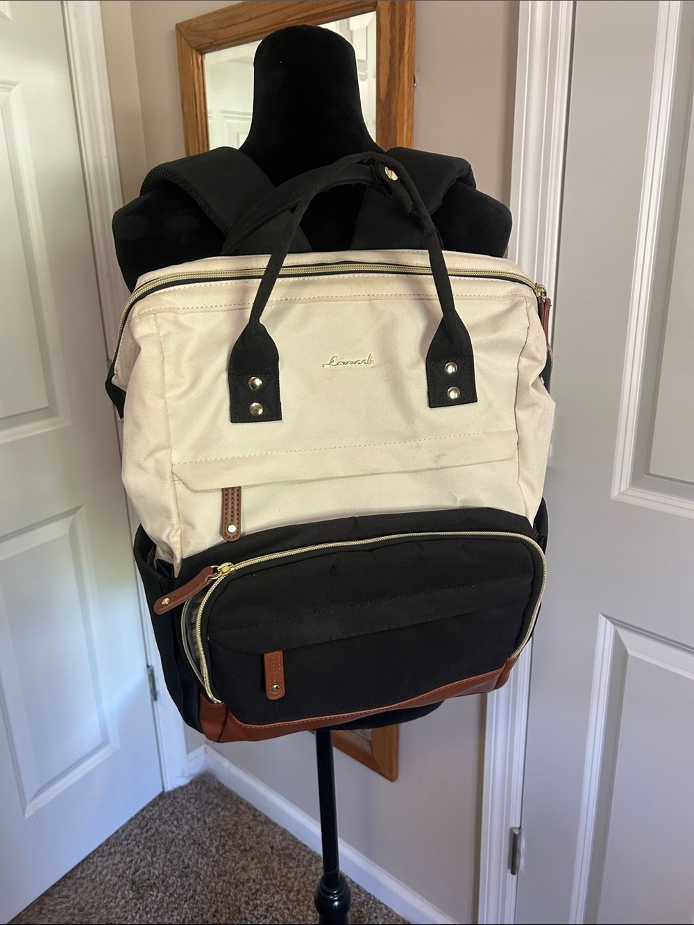 Lovevook Cream & Black Two-Tone Canvas Backpack with Brown Trim
